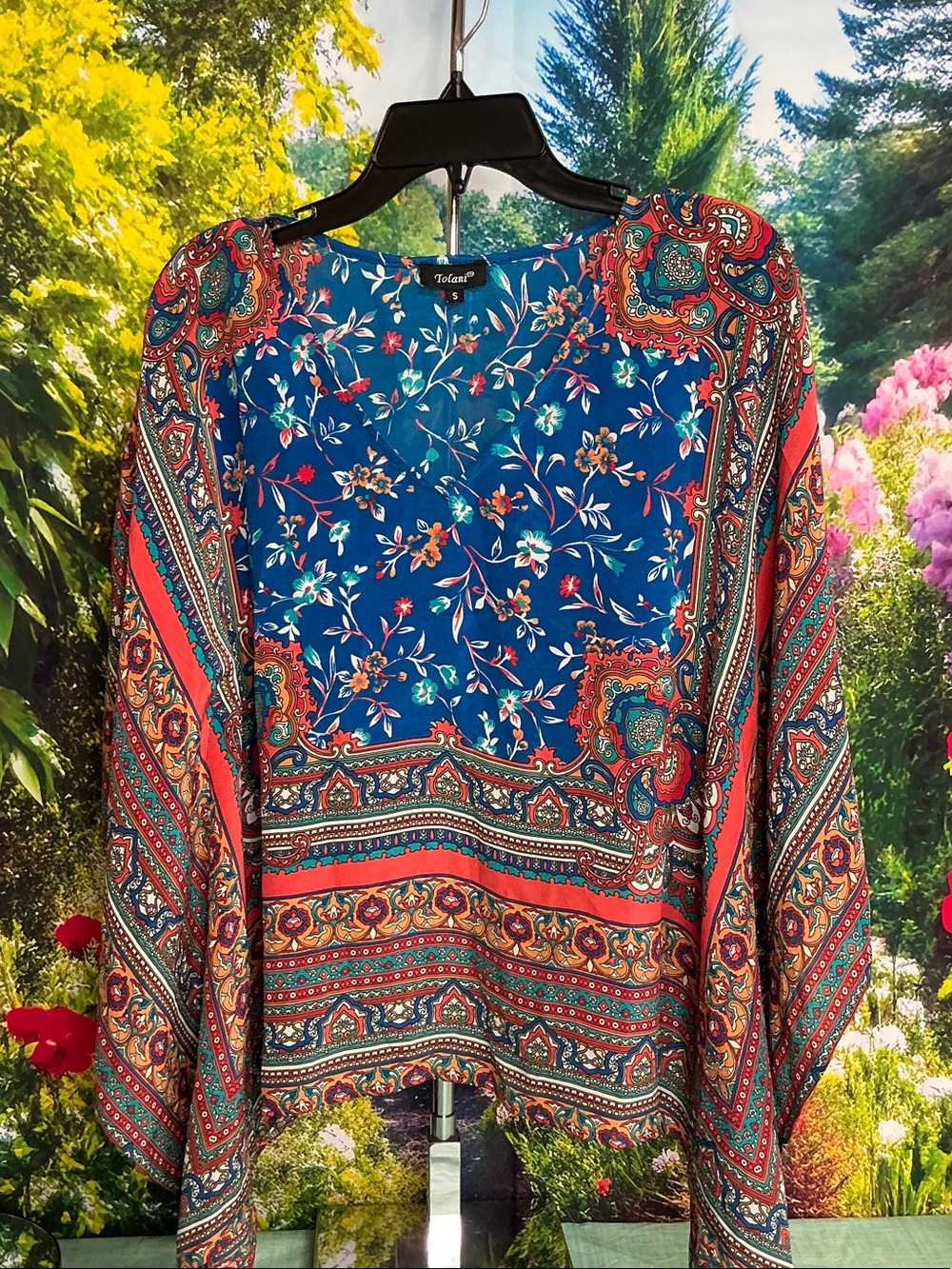 Tolani Blue & Coral Paisley Floral Border Tunic Size Small #2203